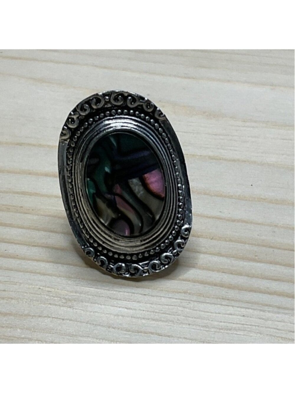 Vintage Boho Sterling Silver Oval Abalone Shell Ring Iridescent Statement
